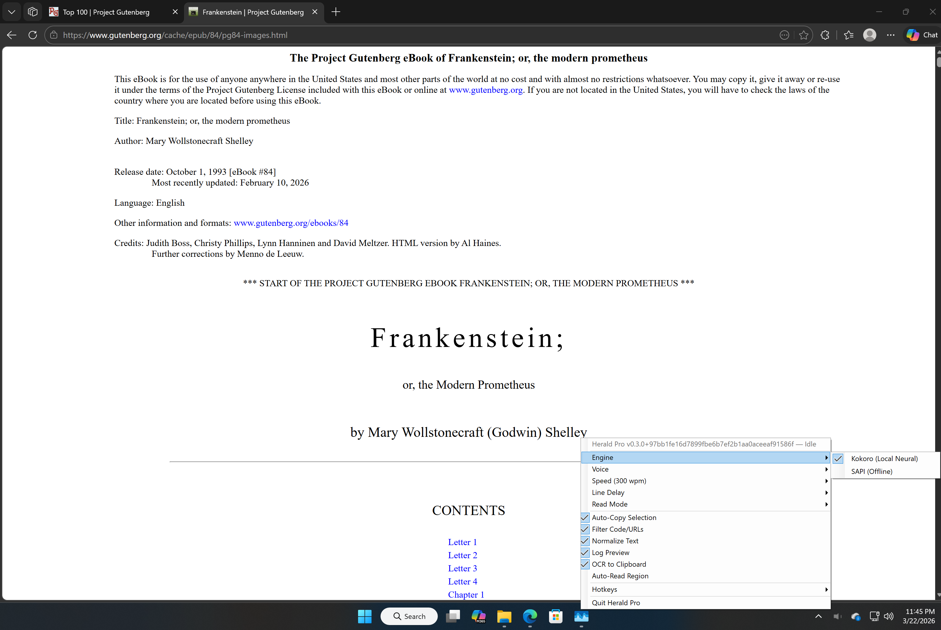 Herald Pro tray menu showing engine and voice selection